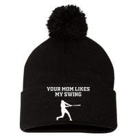 Your Mom Likes My Swing Baseball Funny Gift Drip Rizz Pom Pom 12in Knit Beanie