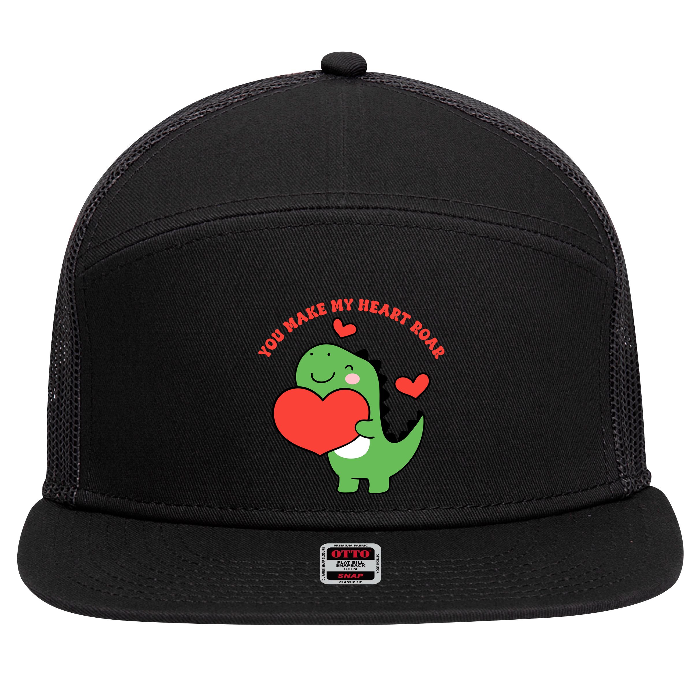 You Make My Heart Roar Valentines Day Cute Dinosaur 7 Panel Mesh Trucker Snapback Hat