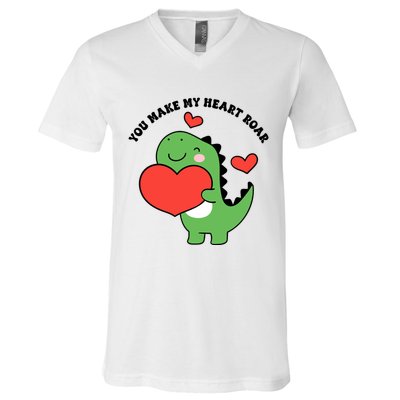 You Make My Heart Roar Valentines Day Cute Dinosaur V-Neck T-Shirt