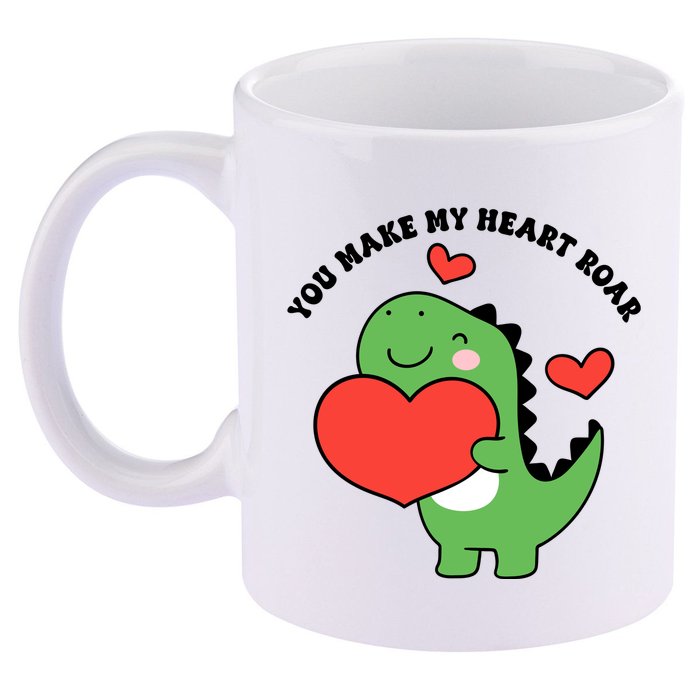 You Make My Heart Roar Valentines Day Cute Dinosaur 11oz C Handle Ceramic Mug