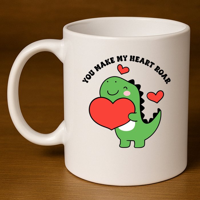 You Make My Heart Roar Valentines Day Cute Dinosaur 11oz C Handle Ceramic Mug
