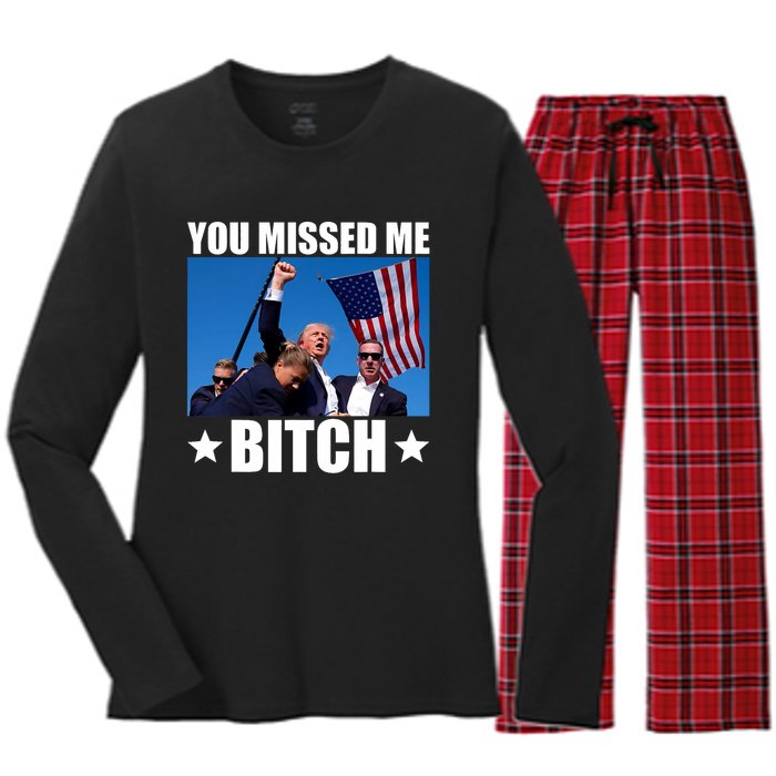 You Missed Me Bitch Trump 2024 Survived Election Rally Women's Long Sleeve Flannel Pajama Set 