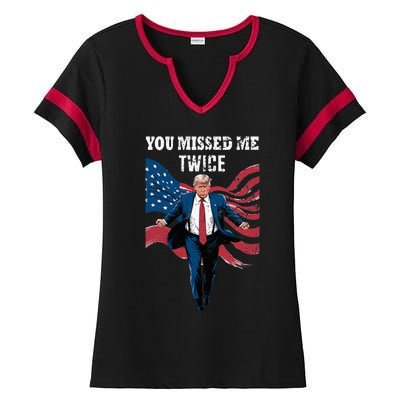 You Missed Me Twice Trump Missed Again Trump 2024 Us Flag Ladies Halftime Notch Neck Tee