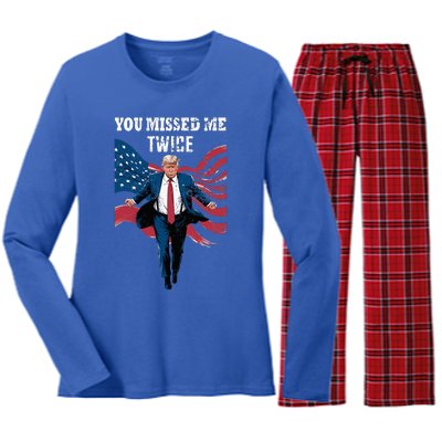 You Missed Me Twice Trump Missed Again Trump 2024 Us Flag Women's Long Sleeve Flannel Pajama Set 