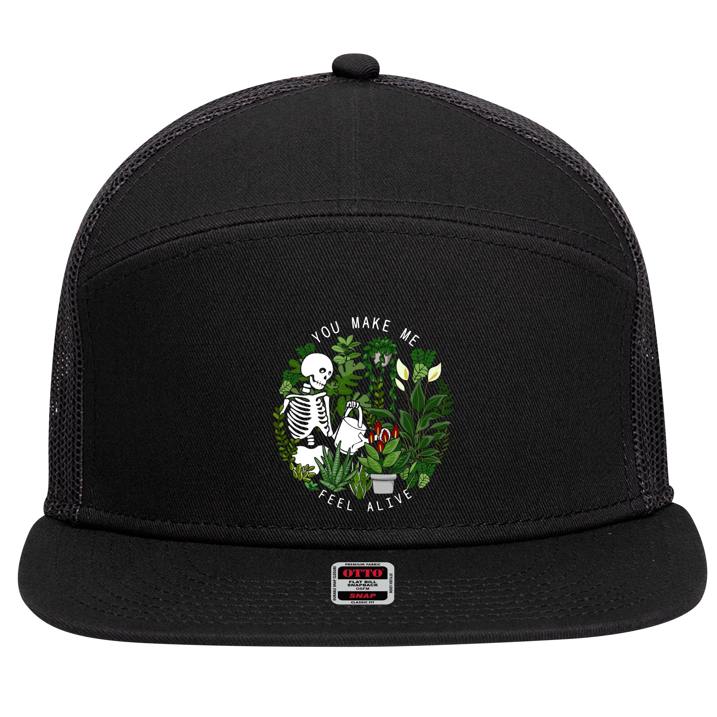 You Make Me Feel Alive Plant Lover Skeleton 7 Panel Mesh Trucker Snapback Hat