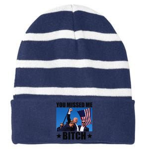 You Missed Me Bitch Trump 2024 Survived Election Rally Striped Beanie with Solid Band