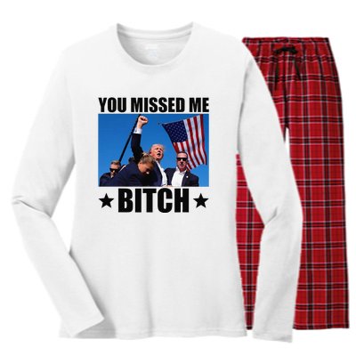 You Missed Me Bitch Trump 2024 Survived Election Rally Women's Long Sleeve Flannel Pajama Set 