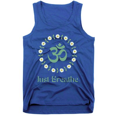 Yoga Meditation New Age Groovy Retro Just Breathe Sage Green Great Gift Tank Top