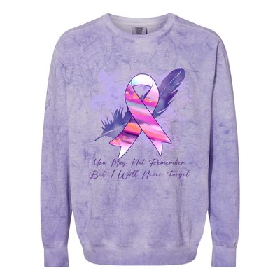 You May Not Remember But I Will Never Forget Alzheimer Awareness Alzheimer Colorblast Crewneck Sweatshirt