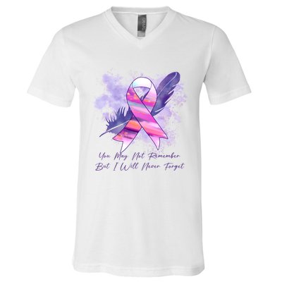 You May Not Remember But I Will Never Forget Alzheimer Awareness Alzheimer V-Neck T-Shirt