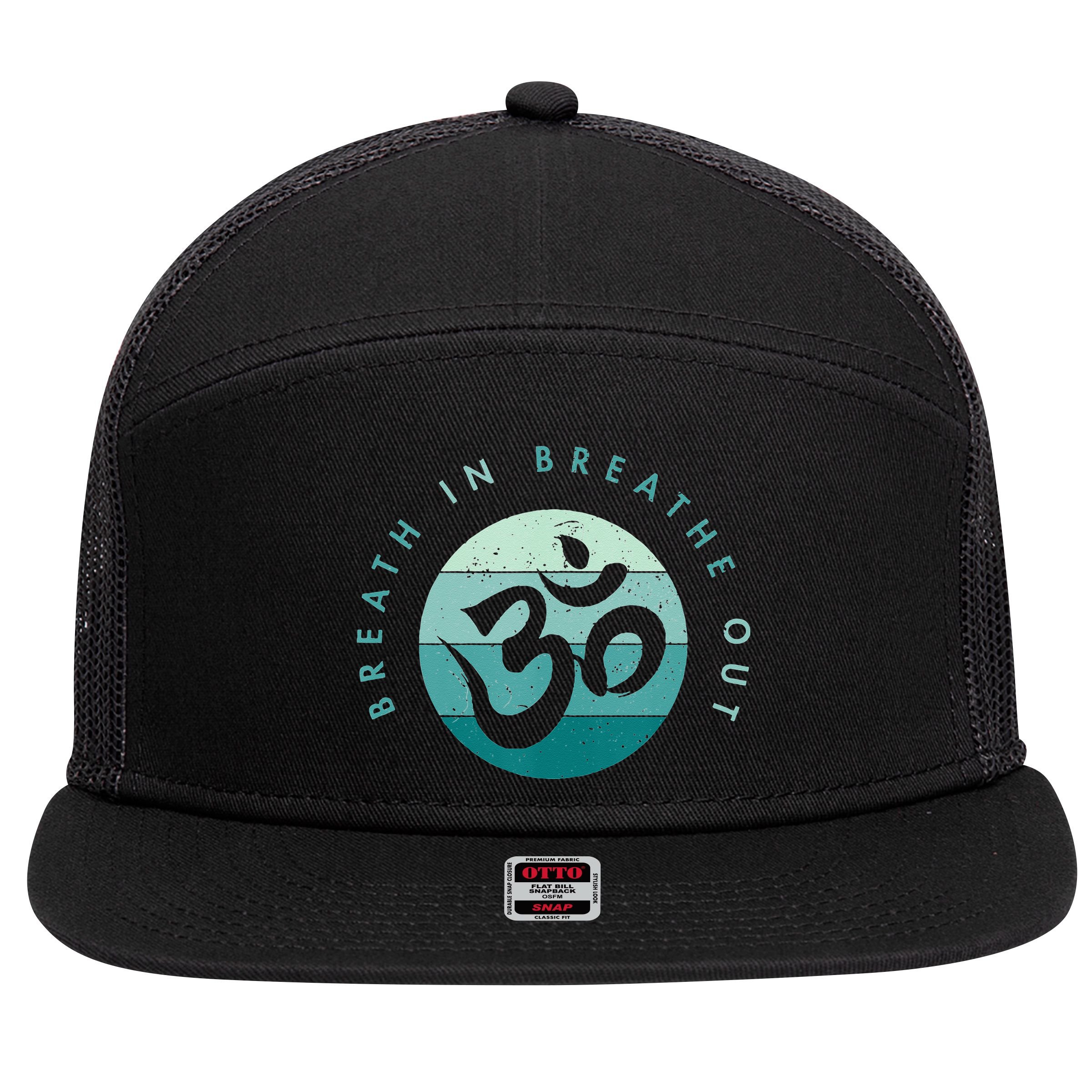 Yoga Meditation Om Symbol Breathe In Breathe Out 7 Panel Mesh Trucker Snapback Hat