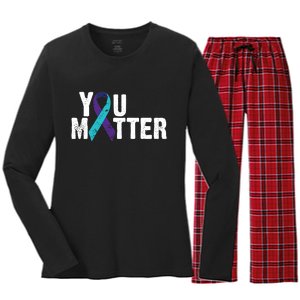 You Matter Purple Teal Ribbon Suicide Prevention Awareness Women's Long Sleeve Flannel Pajama Set 