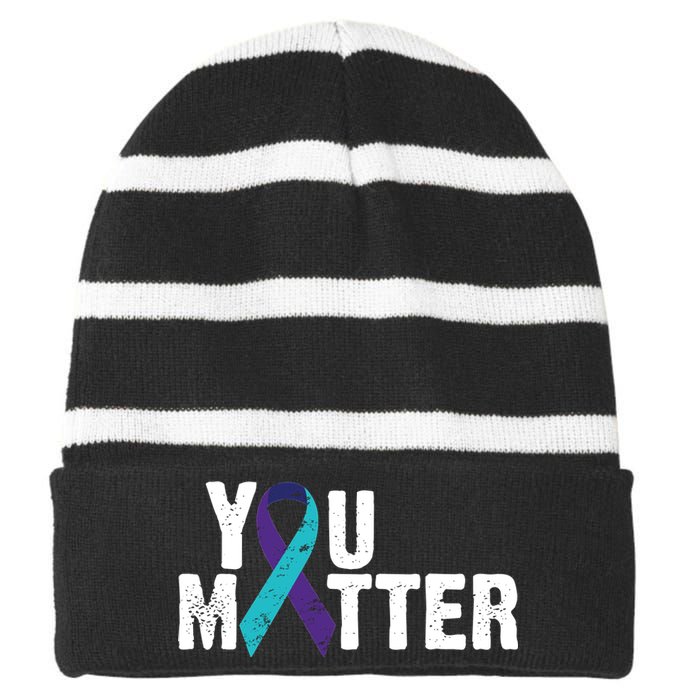 You Matter Purple Teal Ribbon Suicide Prevention Awareness Striped Beanie with Solid Band