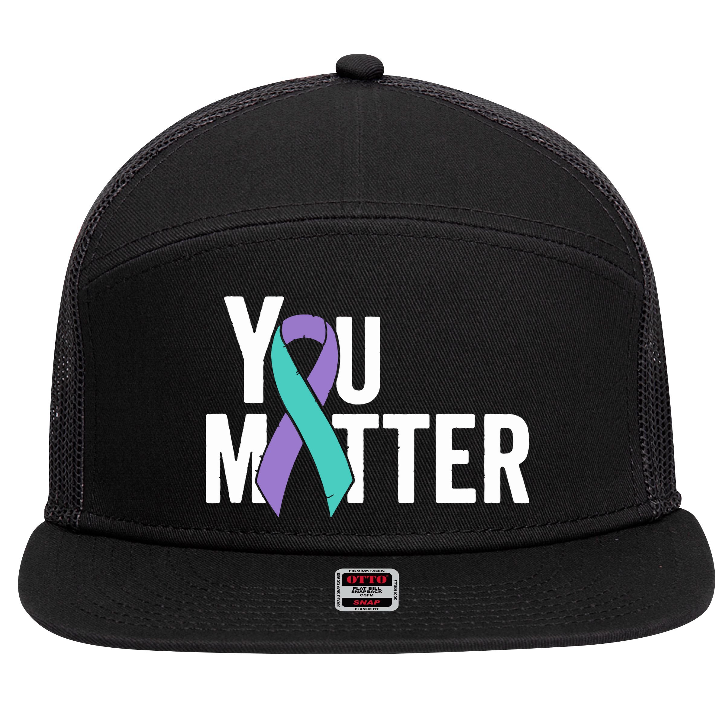 You Matter Suicide Prevention Teal Purple Awareness Ribbon 7 Panel Mesh Trucker Snapback Hat