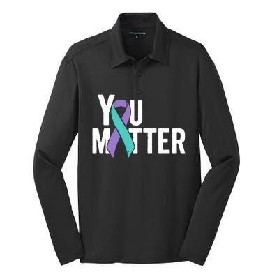 You Matter Suicide Prevention Teal Purple Awareness Ribbon Silk Touch Performance Long Sleeve Polo