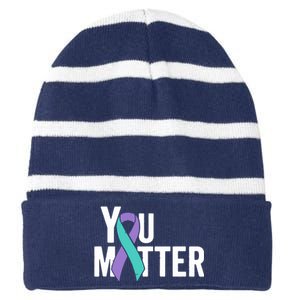 You Matter Suicide Prevention Teal Purple Awareness Ribbon Striped Beanie with Solid Band