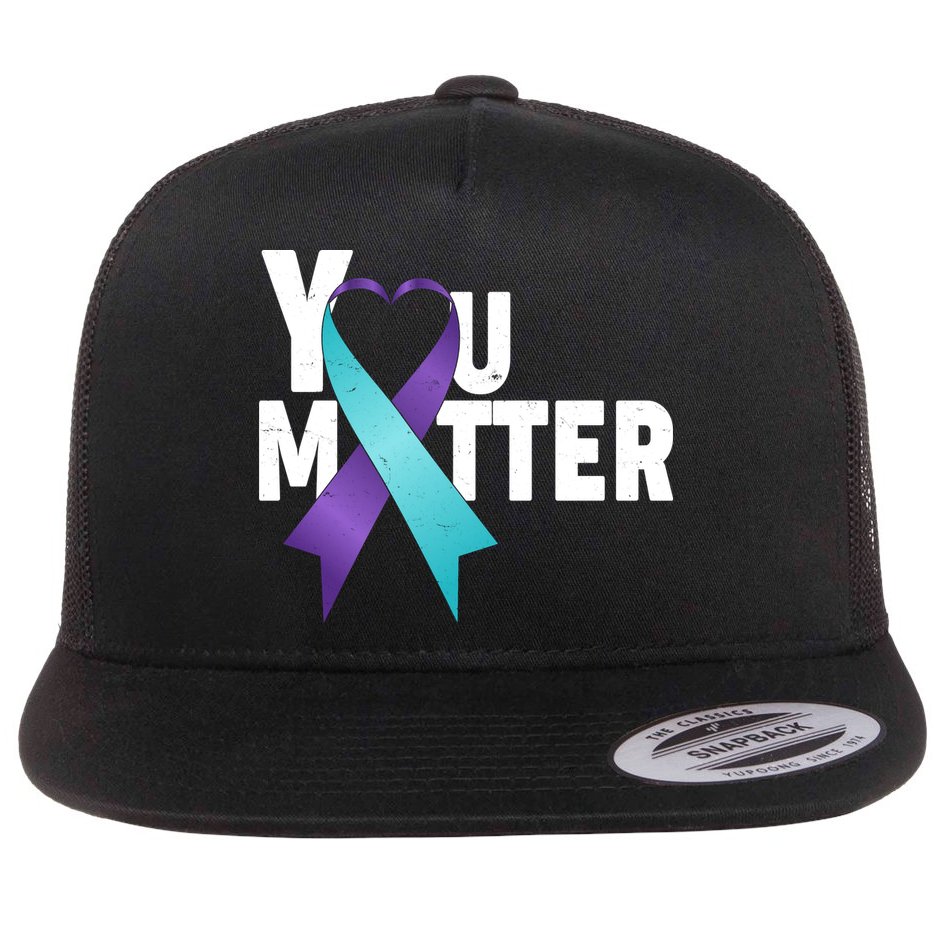 You Matter Suicide Prevention Awareness Teal Purple Heart Ribbon Flat Bill Trucker Hat