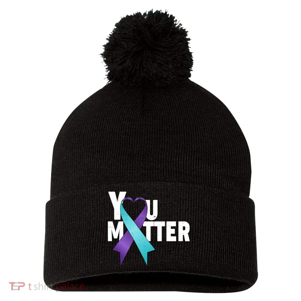 You Matter Suicide Prevention Awareness Teal Purple Heart Ribbon Pom Pom 12in Knit Beanie
