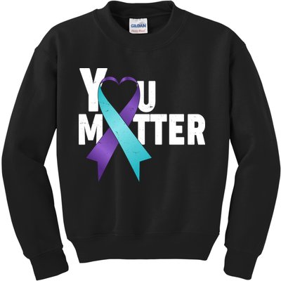 You Matter Suicide Prevention Awareness Teal Purple Heart Ribbon Kids Sweatshirt