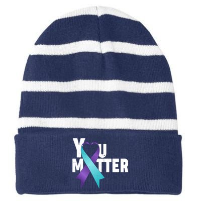 You Matter Suicide Prevention Awareness Teal Purple Heart Ribbon Striped Beanie with Solid Band