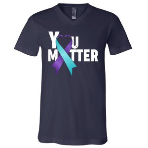 You Matter Suicide Prevention Awareness Teal Purple Heart Ribbon V-Neck T-Shirt