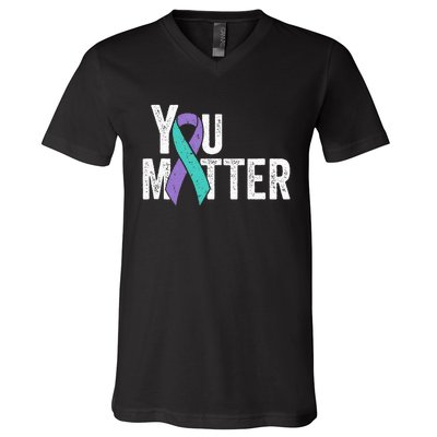 You Matter Suicide Prevention Teal Purple Awareness Ribbon V-Neck T-Shirt