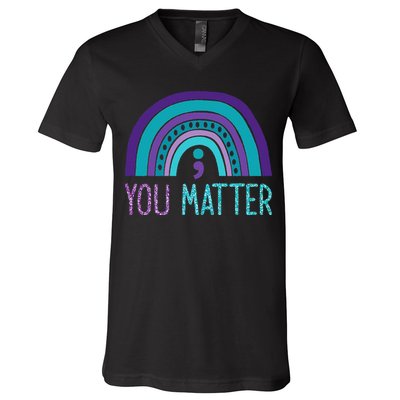 You Matter Semicolon Suicide Prevention Purple Teal Rainbow V-Neck T-Shirt