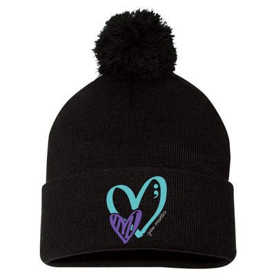 You Matter Suicide Prevention Awareness Teal Purple Heart Pom Pom 12in Knit Beanie