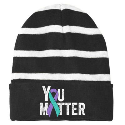 You Matter - Suicide Prevention Teal Purple Awareness Ribbon Striped Beanie with Solid Band