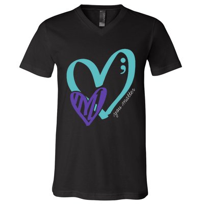 You Matter Suicide Prevention Awareness Teal Purple Heart V-Neck T-Shirt