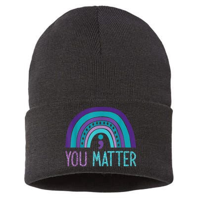 You Matter Semicolon Suicide Prevention Purple Teal Rainbow Sustainable Knit Beanie