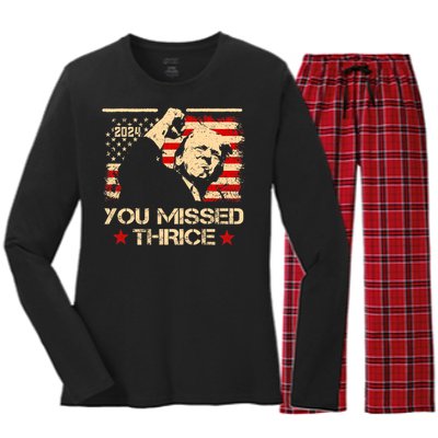 You Missed Thrice Trump Western Cowboy Three Times Us Flag Women's Long Sleeve Flannel Pajama Set 