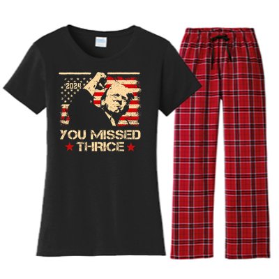 You Missed Thrice Trump Western Cowboy Three Times Us Flag Women's Flannel Pajama Set