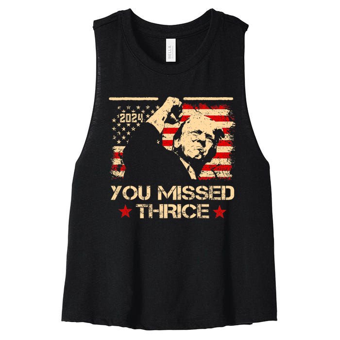 You Missed Thrice Trump Western Cowboy Three Times Us Flag Women's Racerback Cropped Tank