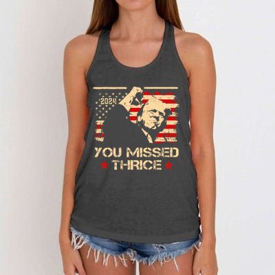 You Missed Thrice Trump Western Cowboy Three Times Us Flag Women's Knotted Racerback Tank