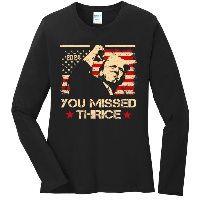 You Missed Thrice Trump Western Cowboy Three Times Us Flag Ladies Long Sleeve Shirt