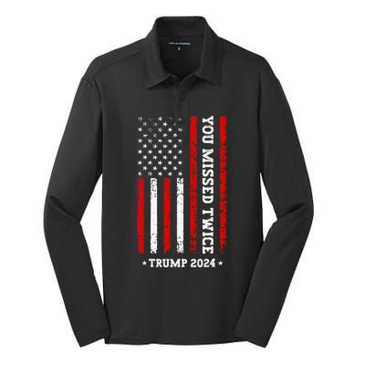 You Missed Twice You Missed Again Trump 2024 Us Flag Silk Touch Performance Long Sleeve Polo