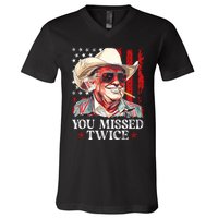 You Missed Twice Western Trump Cowboy Trump 2024 Us Flag V-Neck T-Shirt