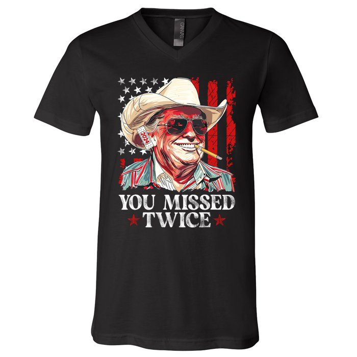 You Missed Twice Western Trump Cowboy Trump 2024 Us Flag V-Neck T-Shirt