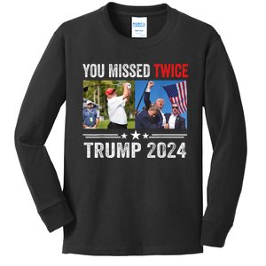 You Missed Twice Western Trump 2024 American Flag Kids Long Sleeve Shirt