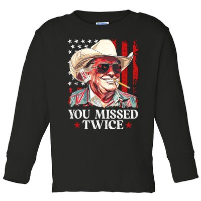 You Missed Twice Western Trump Cowboy Trump 2024 Us Flag Toddler Long Sleeve Shirt