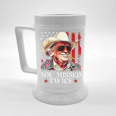 You Missed Twice Western Trump Cowboy Trump 2024 Us Flag Gift Beer Stein