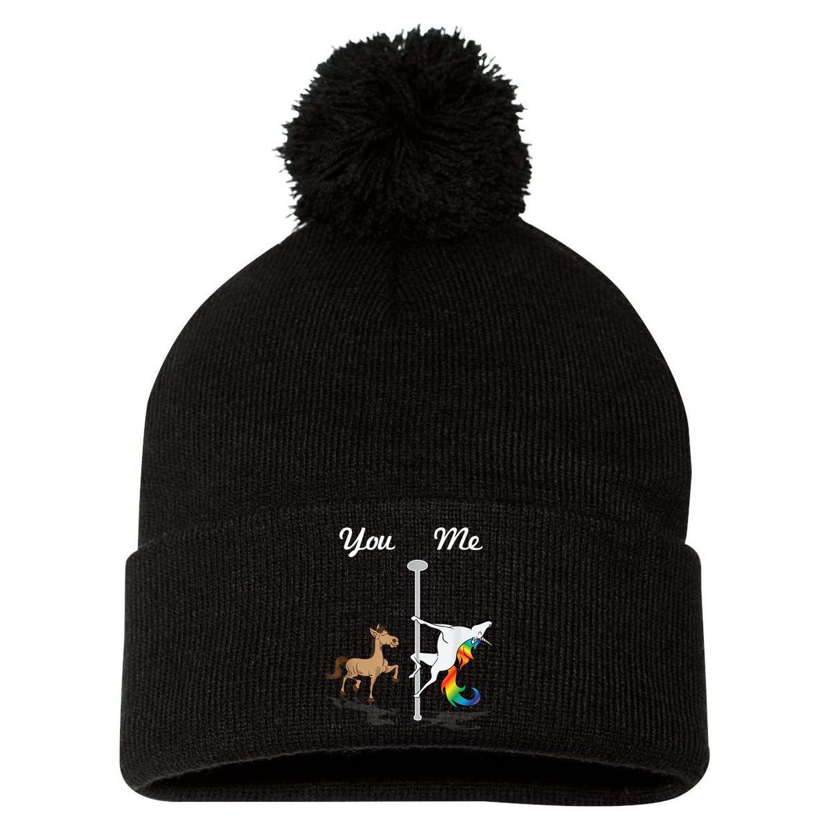 You Me Unicorn Pole Dancing Unicorn Pom Pom 12in Knit Beanie