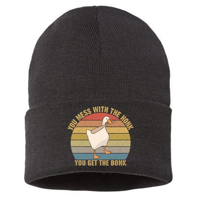 You Mess With The Honk You Get The Bonk Funny Retro Vintage Goose Sustainable Knit Beanie
