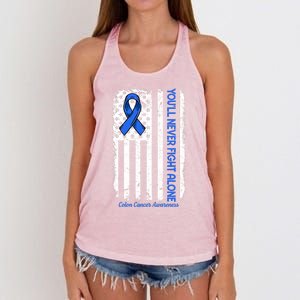 You'll Never Fight Alone Flag Blue Colon Cancer Awareness Funny Gift Women's Knotted Racerback Tank