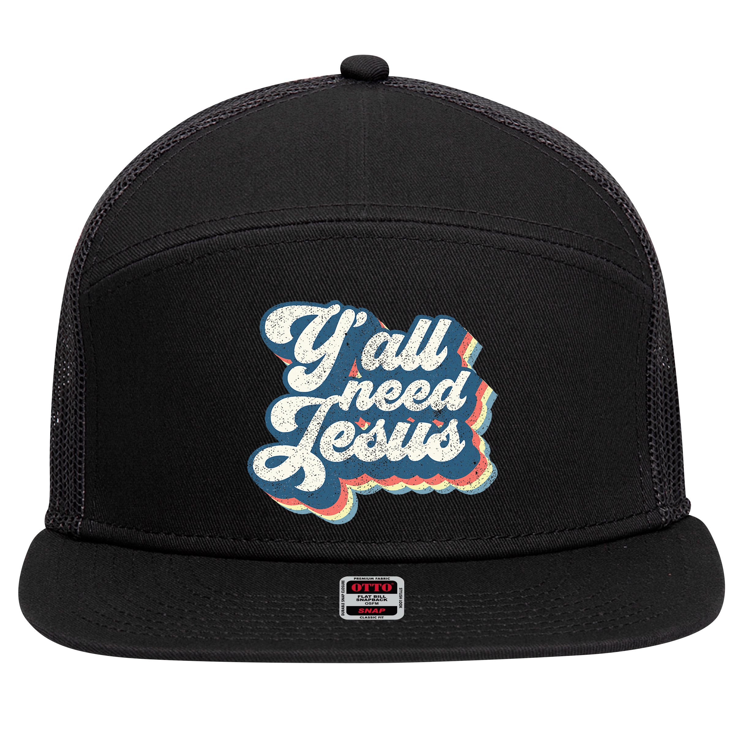 Yall Need Jesus Christian Retro 70s Christ Bible 7 Panel Mesh Trucker Snapback Hat