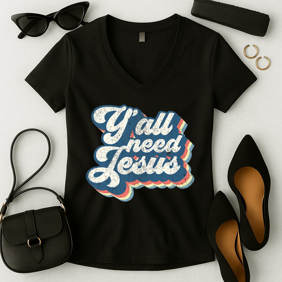 Yall Need Jesus Christian Retro 70s Christ Bible Women's V-Neck T-Shirt