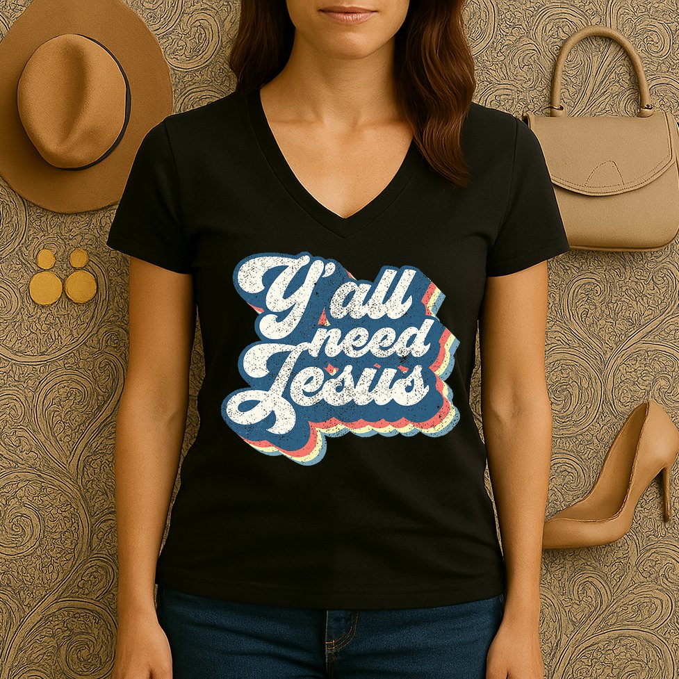 Yall Need Jesus Christian Retro 70s Christ Bible Women's V-Neck T-Shirt