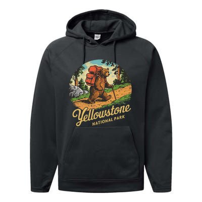 Yellowstone National Park Hiking Bear Vintage Outdoo Hike Performance Fleece Hoodie