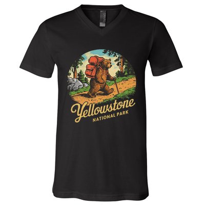 Yellowstone National Park Hiking Bear Vintage Outdoo Hike V-Neck T-Shirt